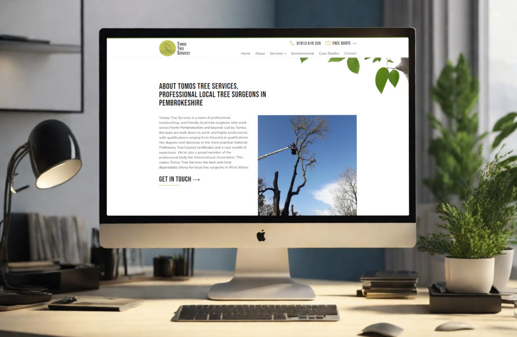 Custom website design showcasing Tomos Tree Services in Pembrokeshire on desktop display