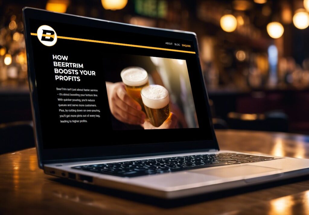 Professional website design showcasing BeerTrim profit-boosting tool in a pub setting, emphasizing efficient customer service and technology in Wales.