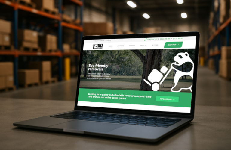 Eco-friendly removal services website on laptop in Wales warehouse setting.