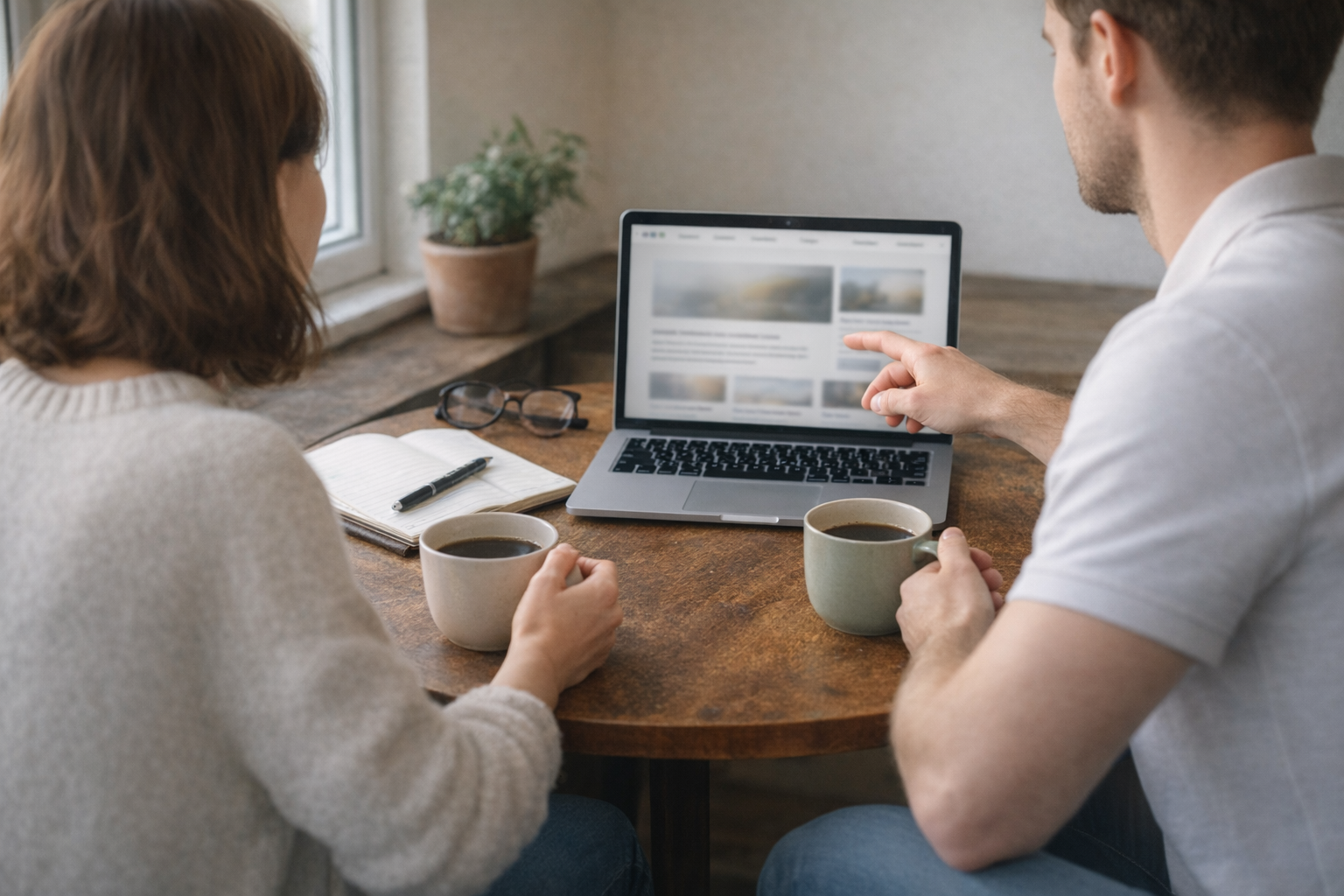 2 people pointing to a laptop talking about the benefits of their new website