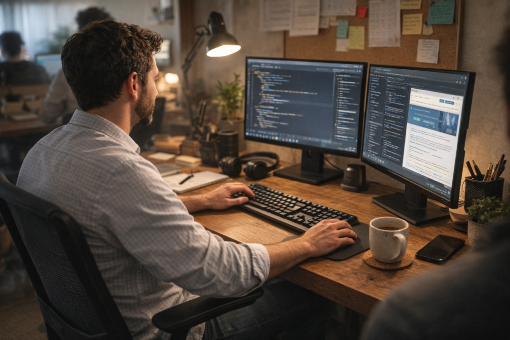 A web developer working at a desk