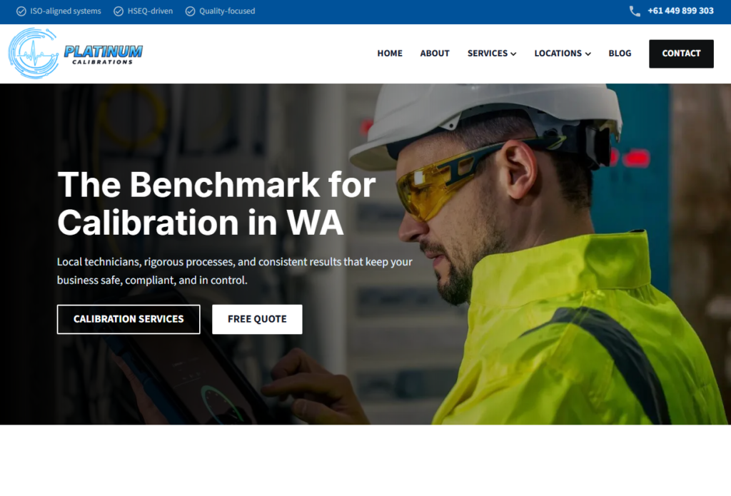Platinum Calibration website design screenshot